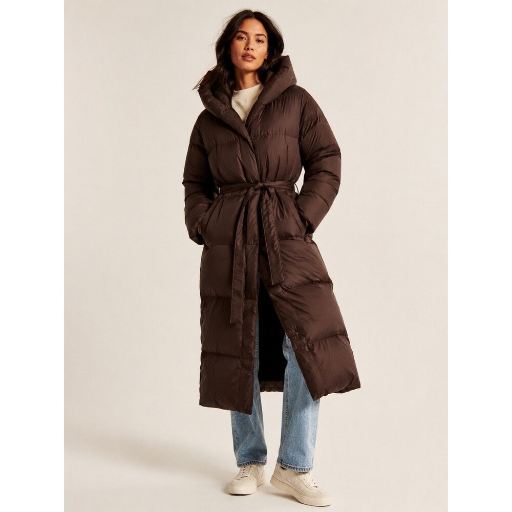 Abercrombie Hooded Duvet Belted Puffer Aircloud Brown Duck Down Medium Coat NWT